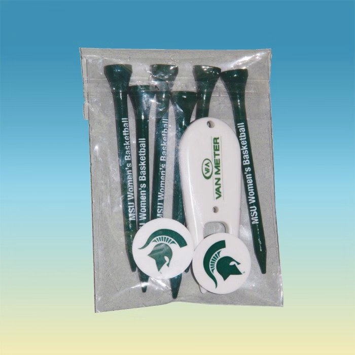 "Crystal Clear" Golf Tee Poly Bag Pack w/ Six 3 1/4" Tees, 2 Markers & 1 Fixer