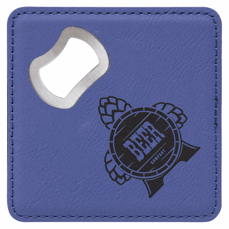4" x 4" Square Purple Leatherette Coaster w/ Bottle Opener