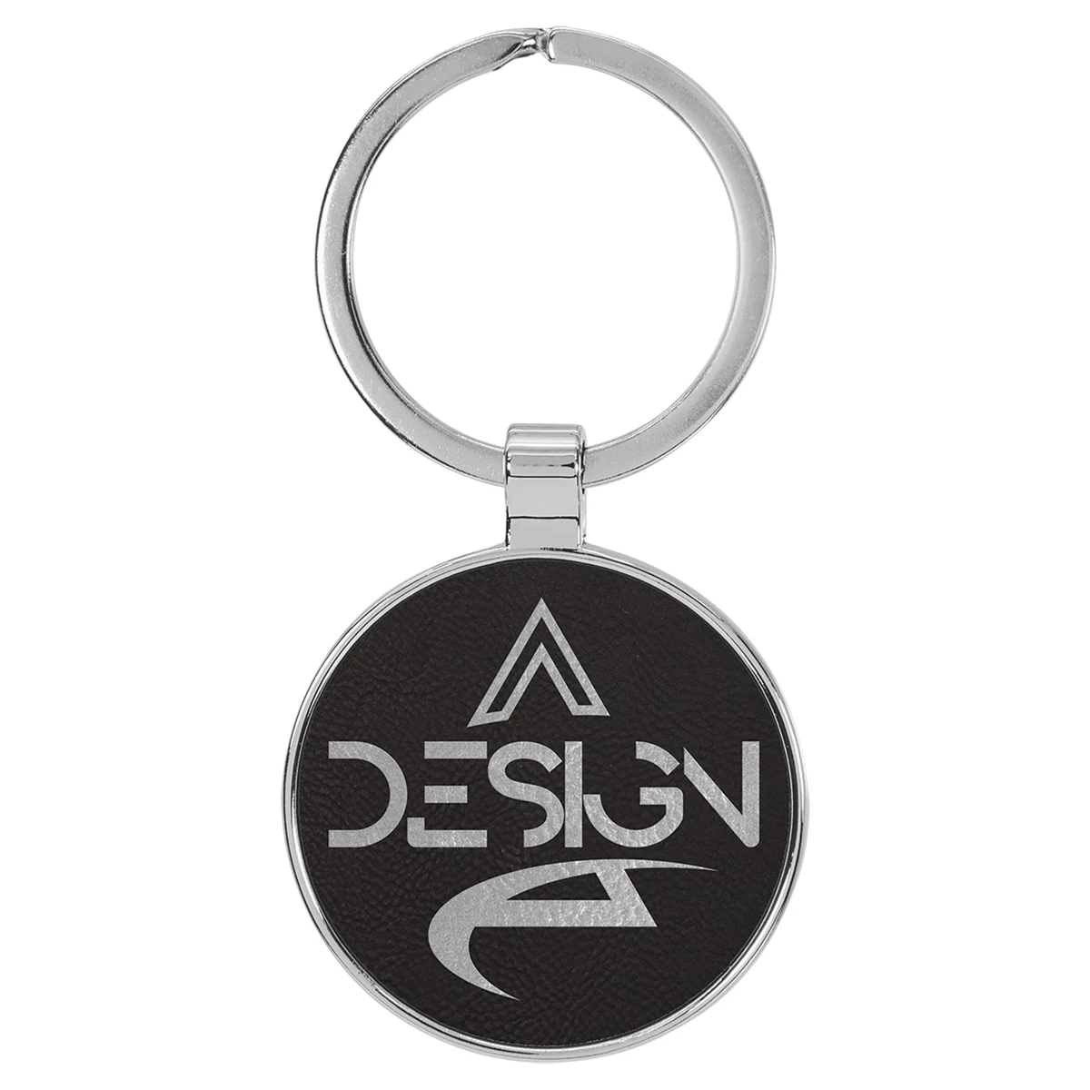 1 1/2" Leatherette/Metal Black/Silver Round Keychain 1