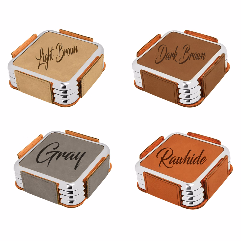 4pcs - 3-5/8" Leatherette Square Coaster Set with Silver Trim (w/Holder)
