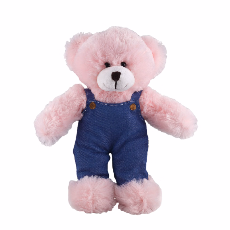 Soft Plush Stuffed Pink Bear in denim overall.