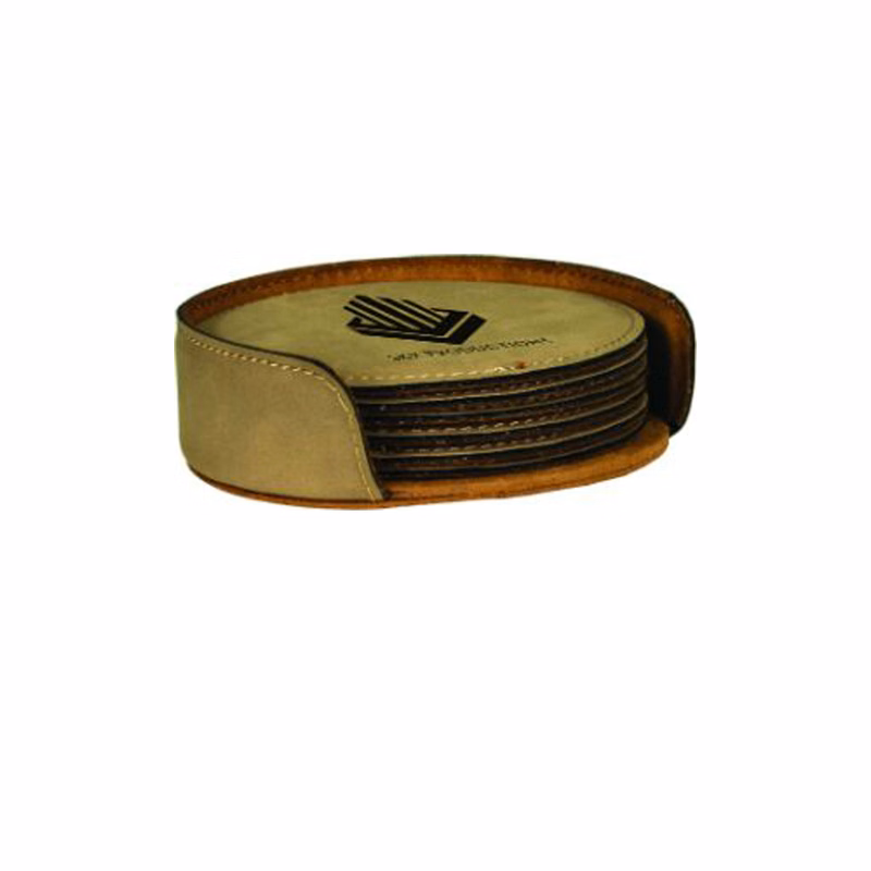 Light Brown Round Leatherette 6-Coaster Set