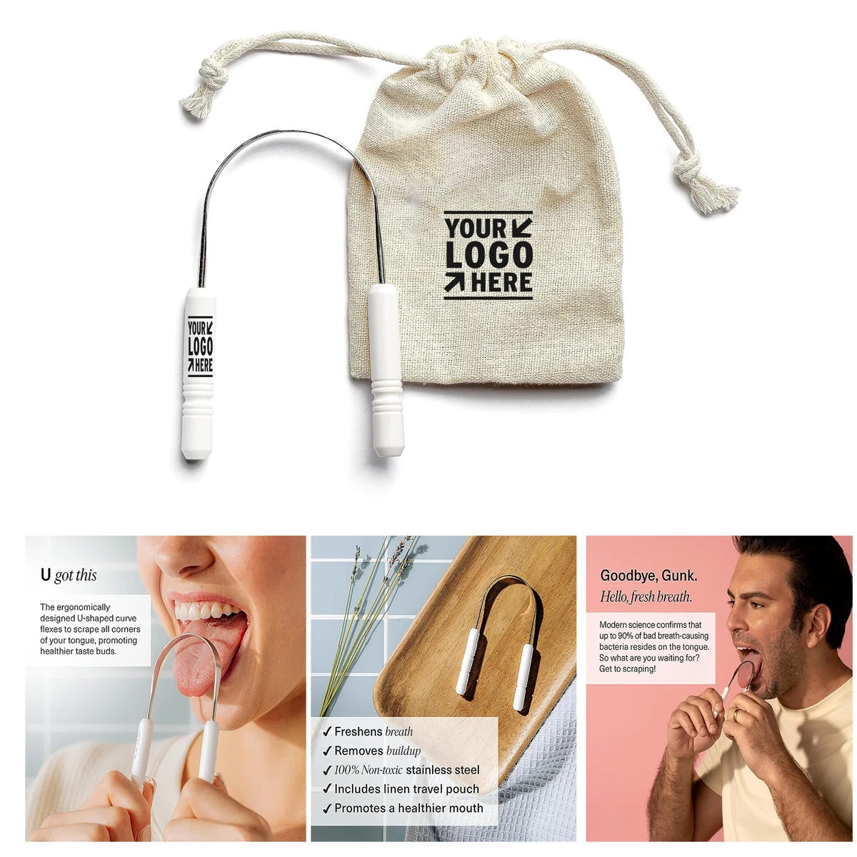 Adults Kids Stainless Steel Tongue Scraper Cleaner with Case Linen Travel Pouch 1