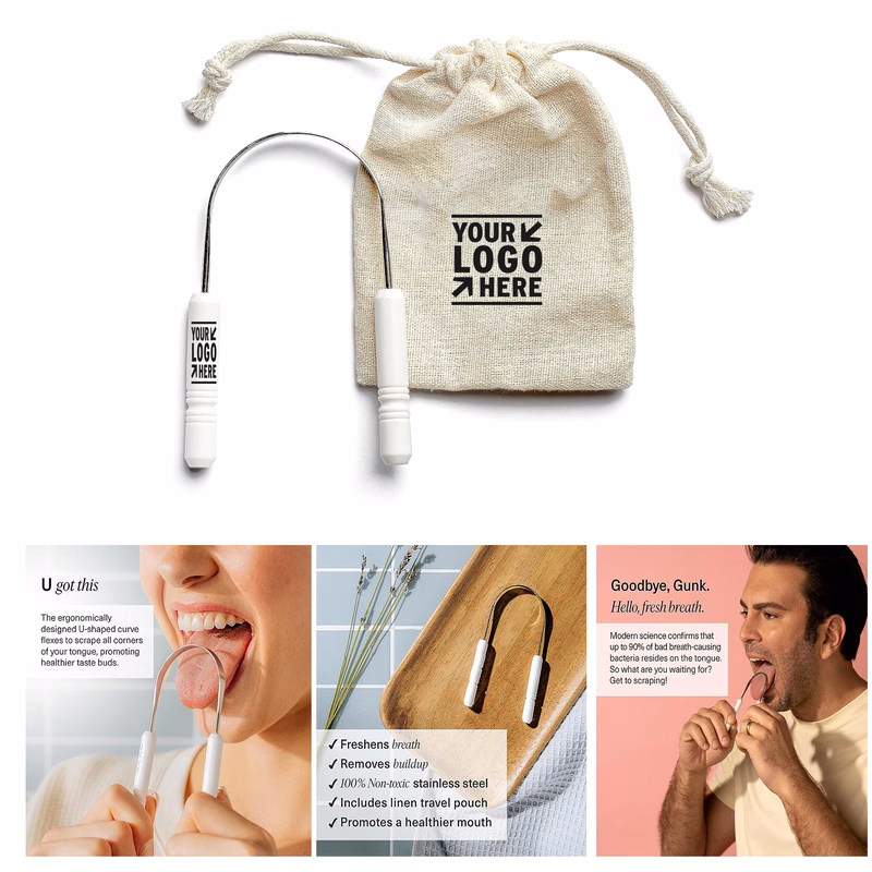 Adults Kids Stainless Steel Tongue Scraper Cleaner with Case Linen Travel Pouch 