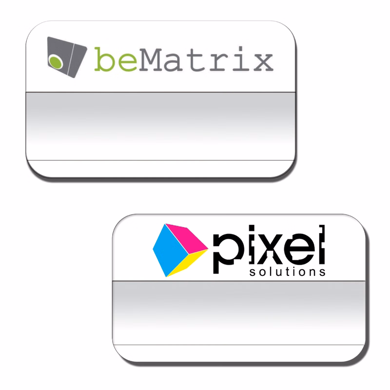 The Plato full color reusable name badge 1.75" X3" with .75" window