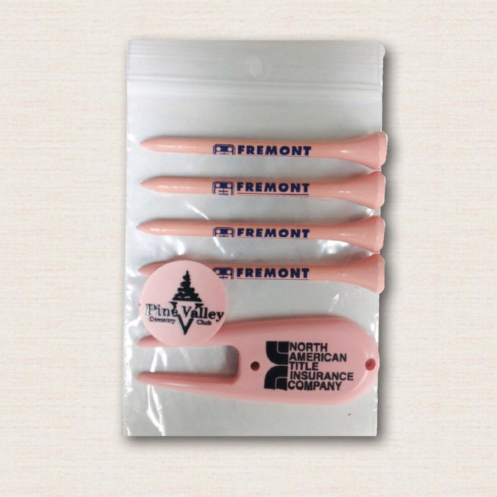 Poly Bag Pack w/ Four Pink 2 3/4" Tees, 1 Pink Marker & 1 Pink Divot Tool