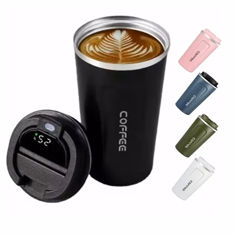 Lanyard Coffee Vacuum Cup With Smart Temperature Display Lid