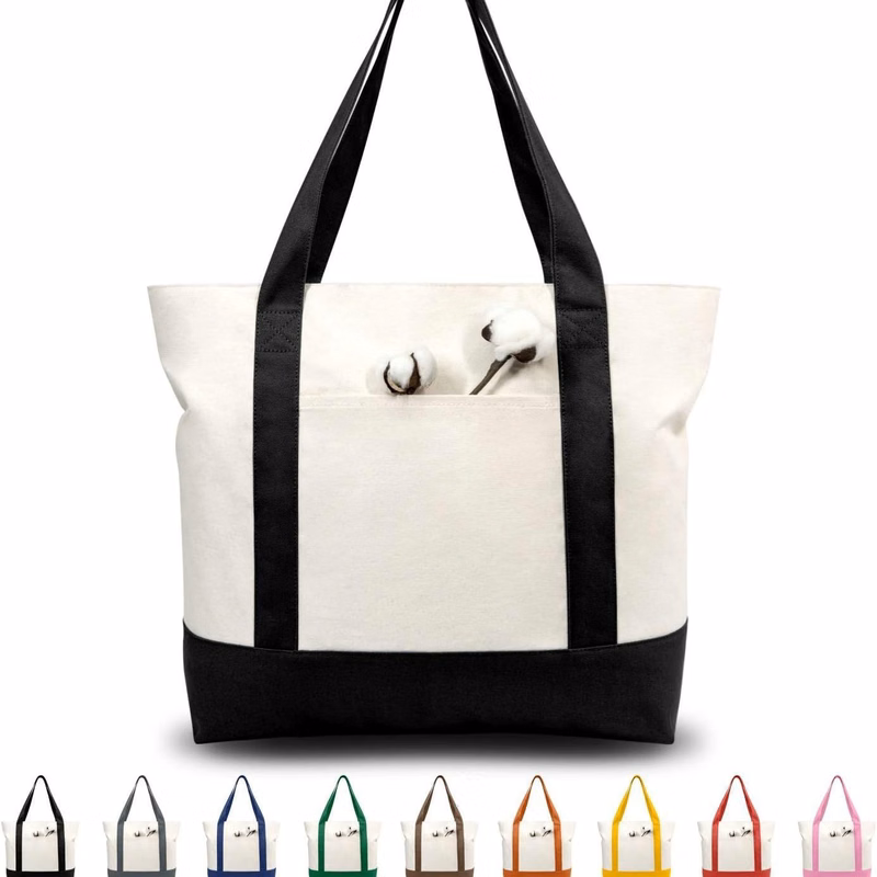 12 oz Cotton Canvas Zipper Boat Tote Bag W/ Front Pocket