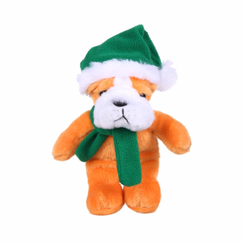 Soft Plush Stuffed Bulldog with Christmas Hat and Scarf
