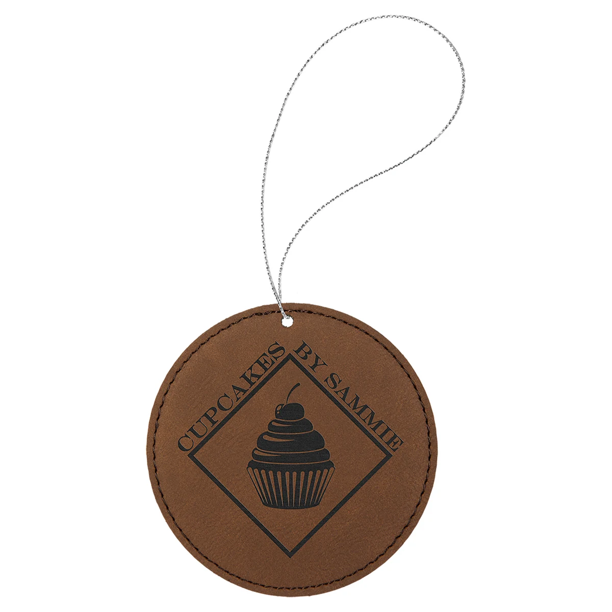 Dark Brown Laserable Leatherette Round Ornament w/Silver String 1