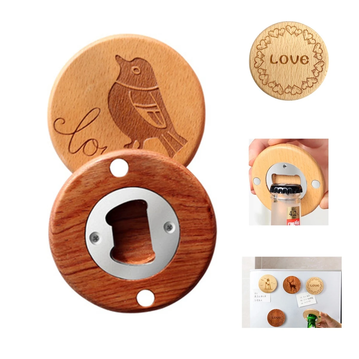Wooden Bottle Opener W/Refrigerator Magnets 1
