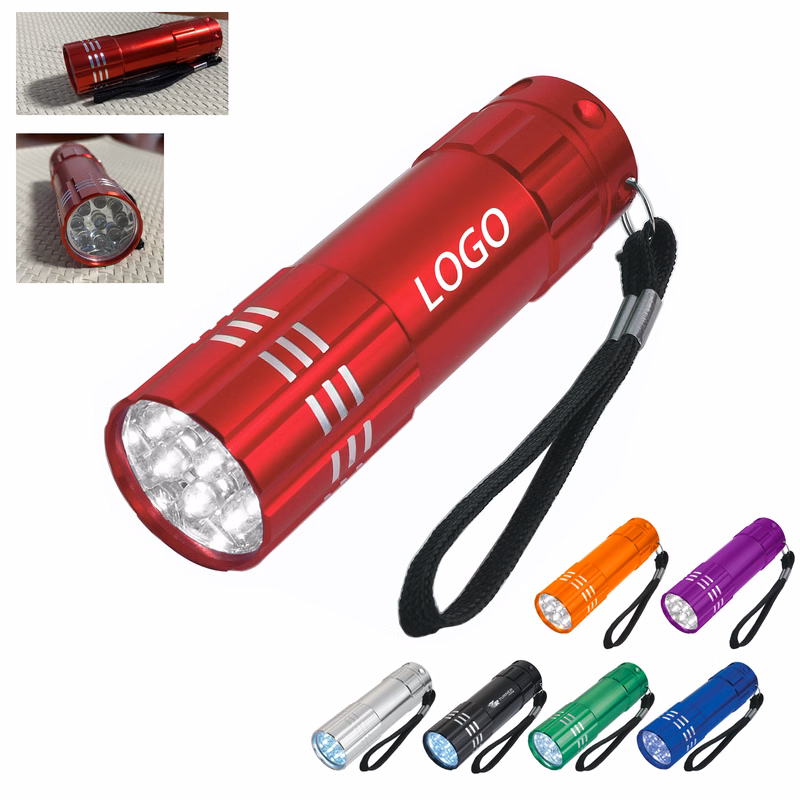 Colored Aluminum 9 LED Flashlight with Strap MOQ 50pcs