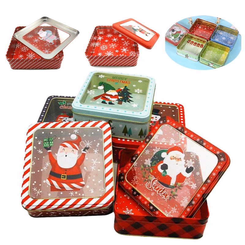 Christmas Merry Candy Box New Year Gift Packaging Tin Santa Snowman Transparent Window Container