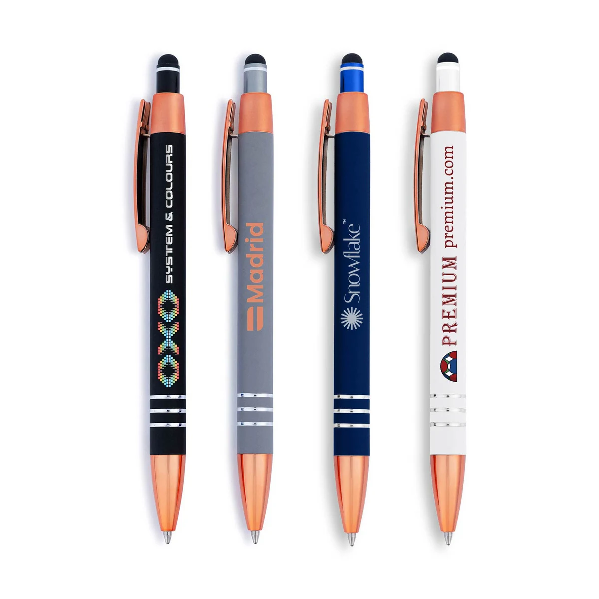 Penny Stylus Satin Soft Touch Click Metal Pen - Rose Gold Accents (CLOSEOUT) 1