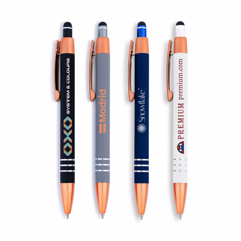 Penny Stylus Satin Soft Touch Click Metal Pen - Rose Gold Accents (CLOSEOUT)