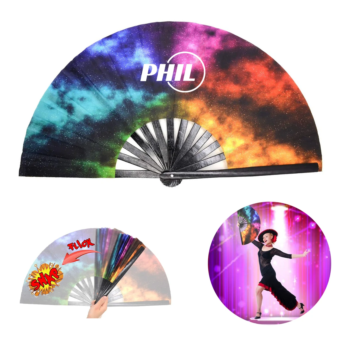 13"/10.6"L Double Sided Imprint Bamboo Ribs Rave Folding Fan 1