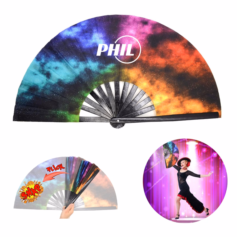 13"/10.6"L Double Sided Imprint Bamboo Ribs Rave Folding Fan