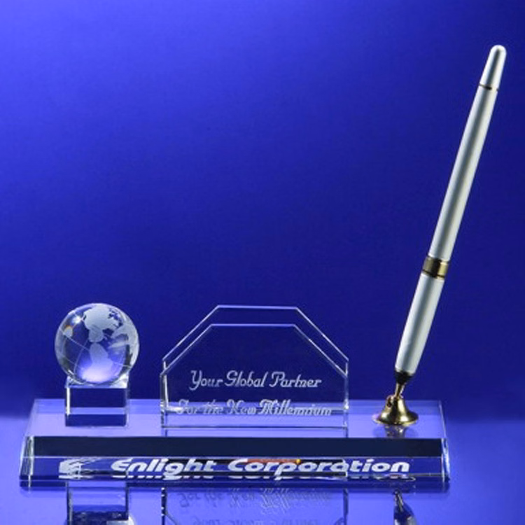 Desktop, Award-Business card holder with Globe Pen Set w/ Silver Ballpoint Pen_D448CA