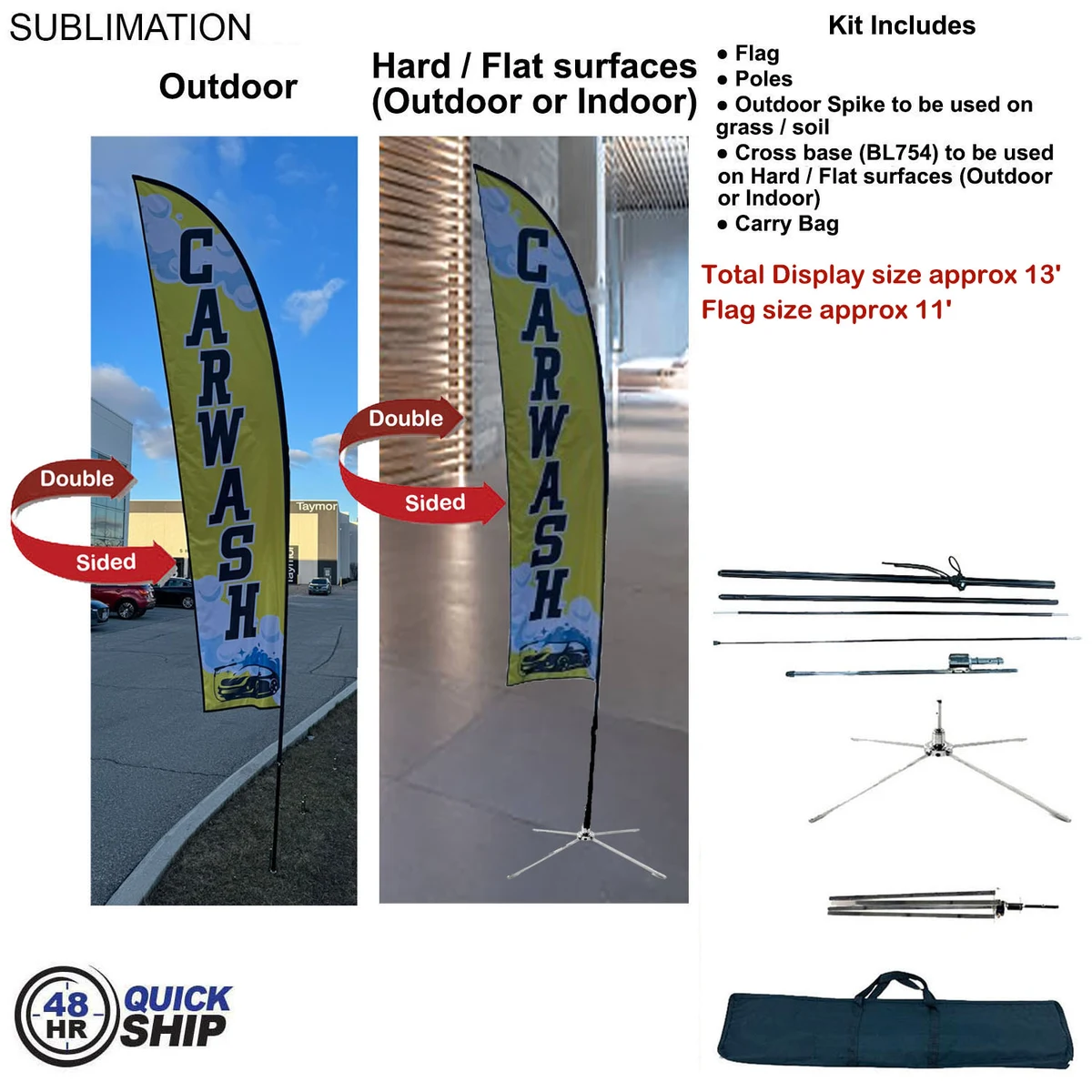 48Hr Quick Ship -13' Medium Feather Flag Kit, Full Color Graphic Double Sided, Outdoor & Indoor base 1