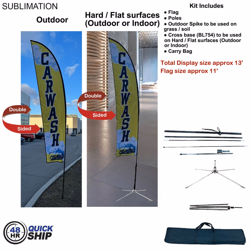 48Hr Quick Ship -13' Medium Feather Flag Kit, Full Color Graphic Double Sided, Outdoor & Indoor base