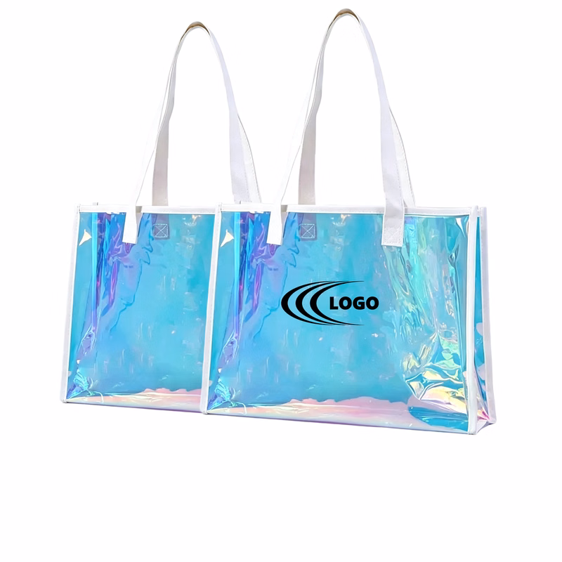 PVC Holographic Tote Bag With White Leather Trim
