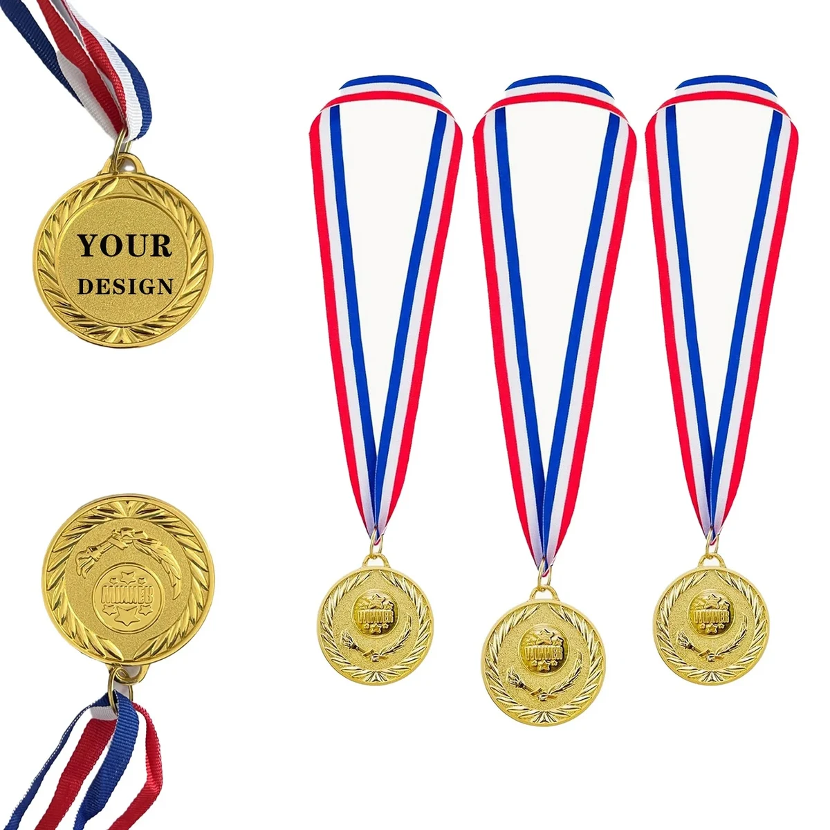 2" Custom Gold Award Medals W/ Stripes Neckband 1