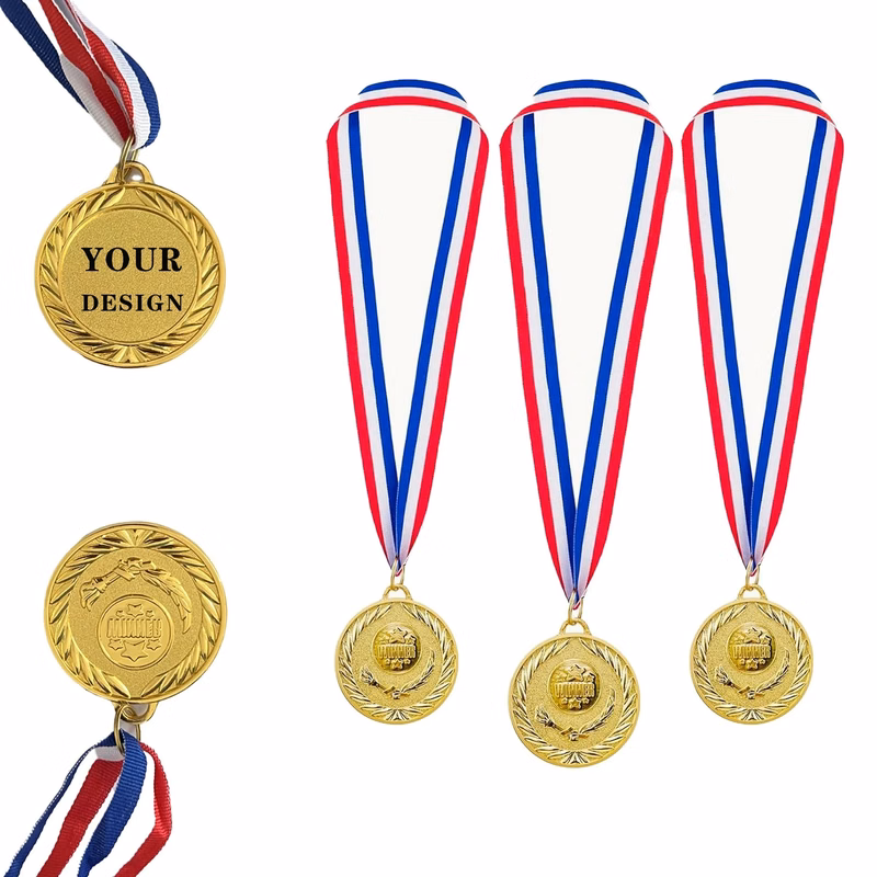 2" Custom Gold Award Medals W/ Stripes Neckband