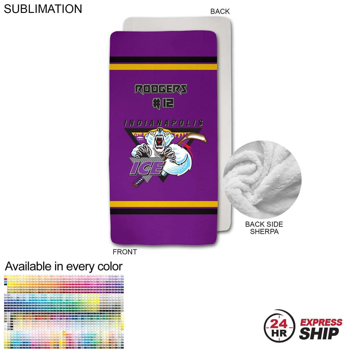 24 Hr Express Ship - Team Blanket in Plush Sherpa Faux Wool Lined Micro Mink, 30x60, Stadium size 1