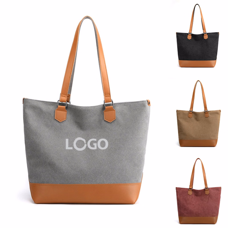 Canvas Tote Bag With Pu Leather