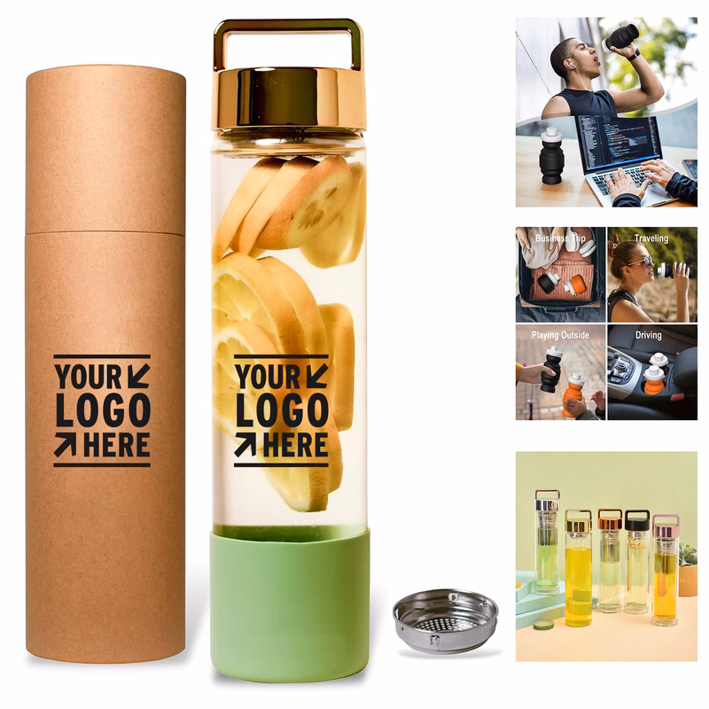 15 Oz Removable Anti-Slip Silicone Sleeve Fruit Infuser Premium Glass Water Bottle