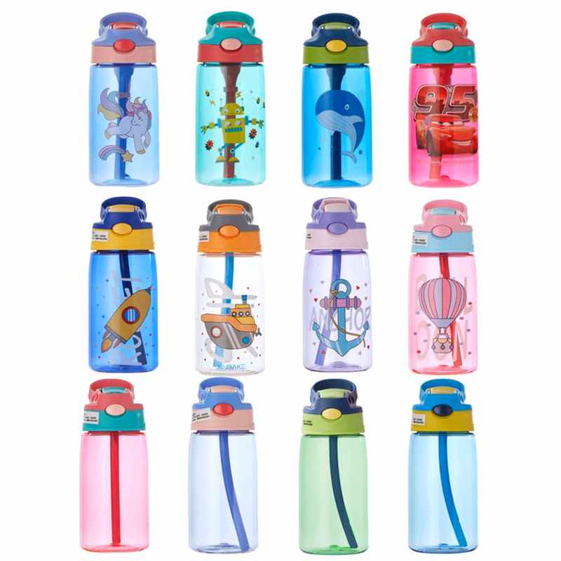 16 Oz. Cartoon Plastic Water Bottle with Straw