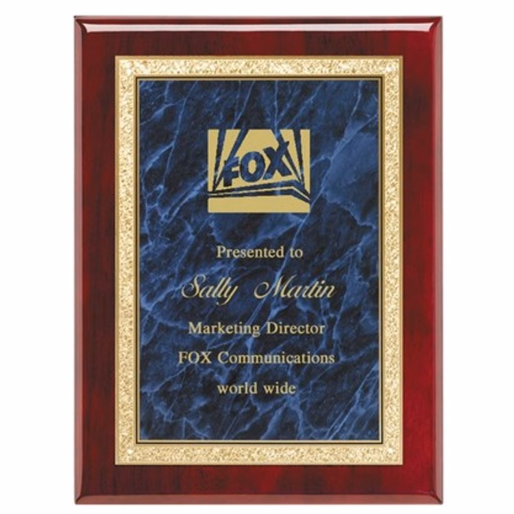 Rosewood Plaque Solid Brass Engraving Plate in Blue 7" x 9" Award