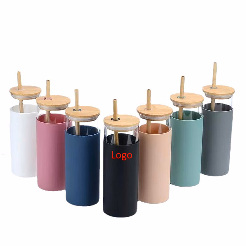 17oz Glass Tumbler with Silicone Sleeve, Bamboo Lid, and Straw