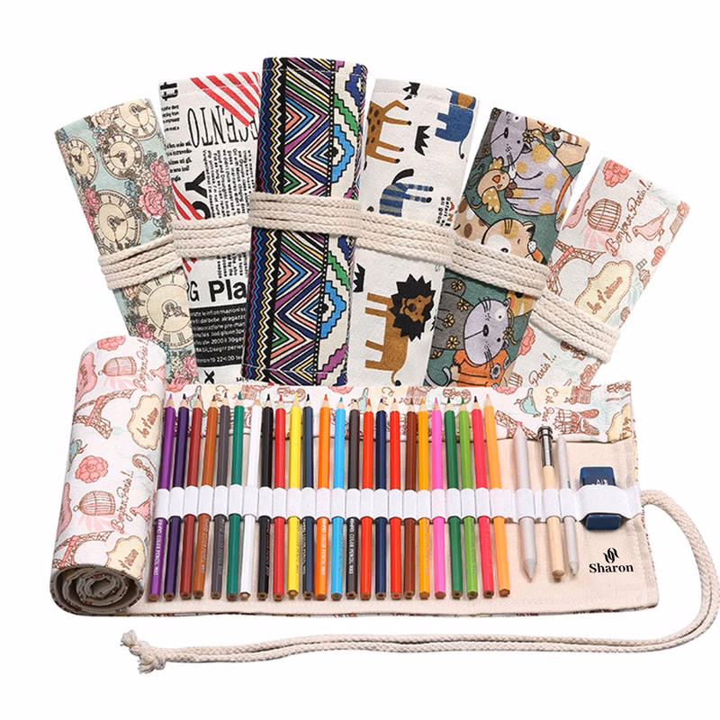 Canvas Colored Pencil Case Roll Storage Bag