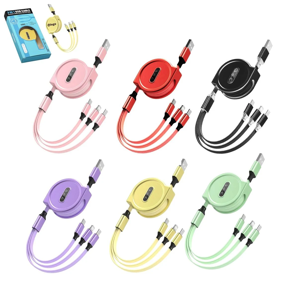 Custom Retractable 3 in 1 Charging Cables MOQ 100pcs 1