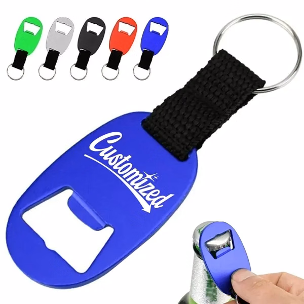 Custom Aluminum Bottle Opener Keychain with Nylon Strap — Daily Carry Promo Item