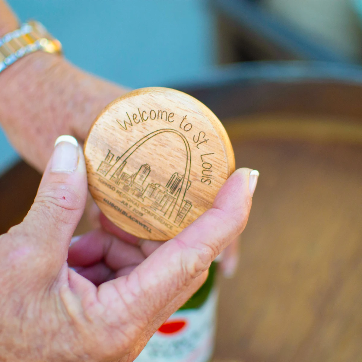 Wood Bottle Opener - Round With Metal Jaw On Back 1