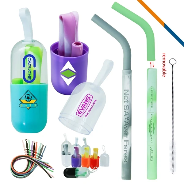 Custom Detachable Silicone Straws — Capsule Case with Holder Eco Reusable Promo 1