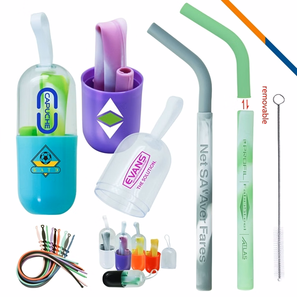 Custom Detachable Silicone Straws — Capsule Case with Holder Eco Reusable Promo