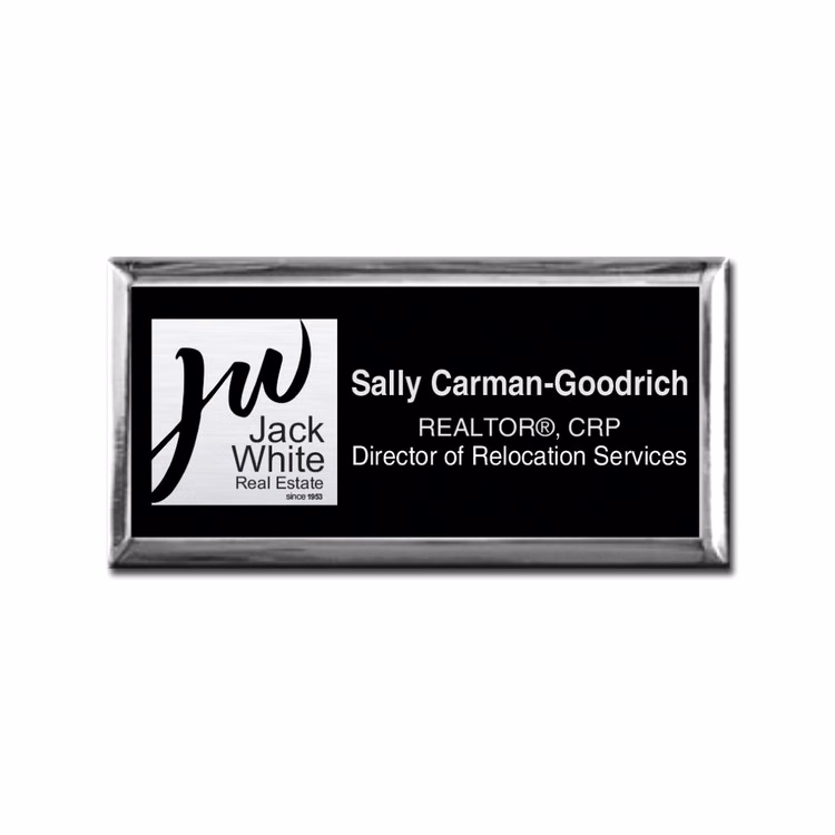 The Athena framed full color metal name badge 1.5" x 3"