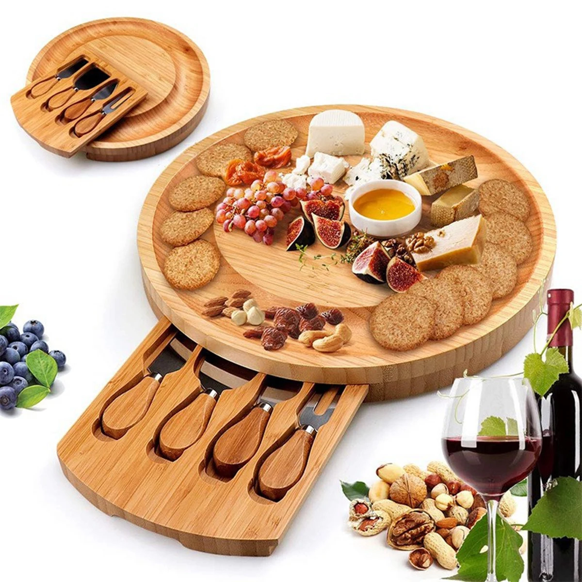 Round Bamboo Cheese Board with Slide Out Drawer & Knives 1