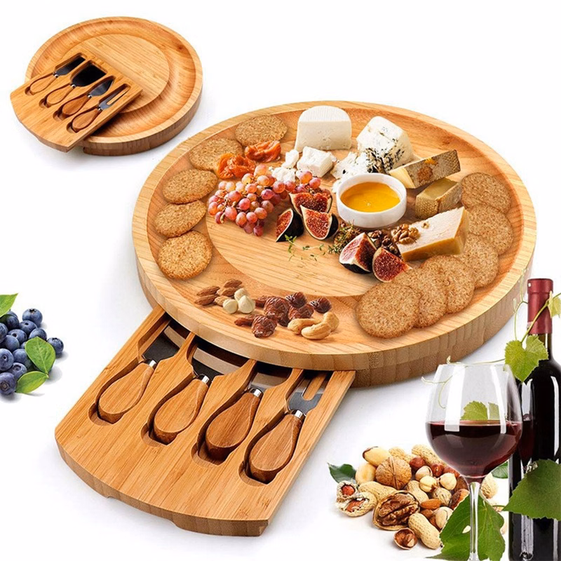 Round Bamboo Cheese Board with Slide Out Drawer & Knives