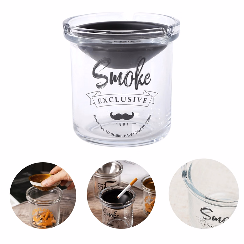 Glass Ashtray With Stainless Steel Funnel Lid Windproof  Cig