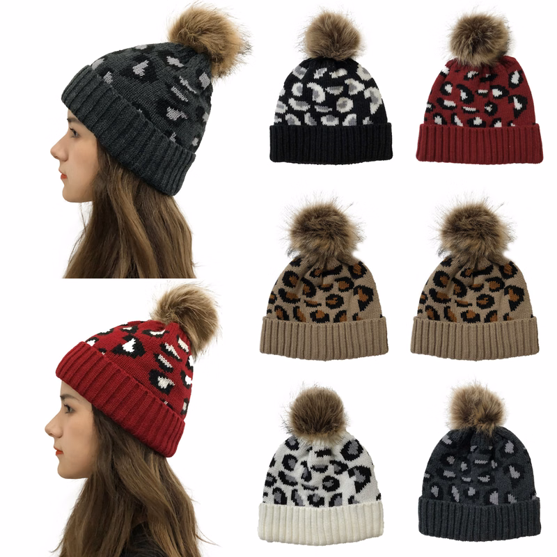 Winter Knitted Leopard Pom Beanie Hat For Women