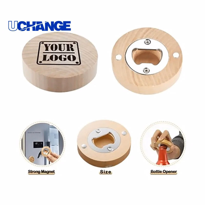 Round Wooden Magnetic Bottle Opener for Kitchen Use & Branding