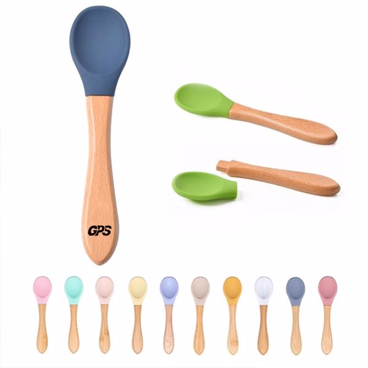 Baby Feeding Silicone Spoon W/ Wooden Handle