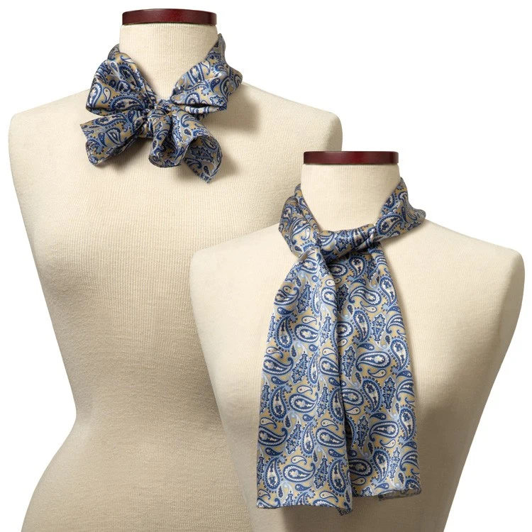 Gold and Blue Silk Paisley Scarf - 8"x45" 1