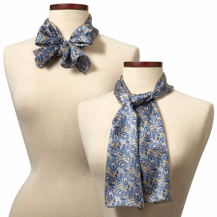 Gold and Blue Silk Paisley Scarf - 8"x45"