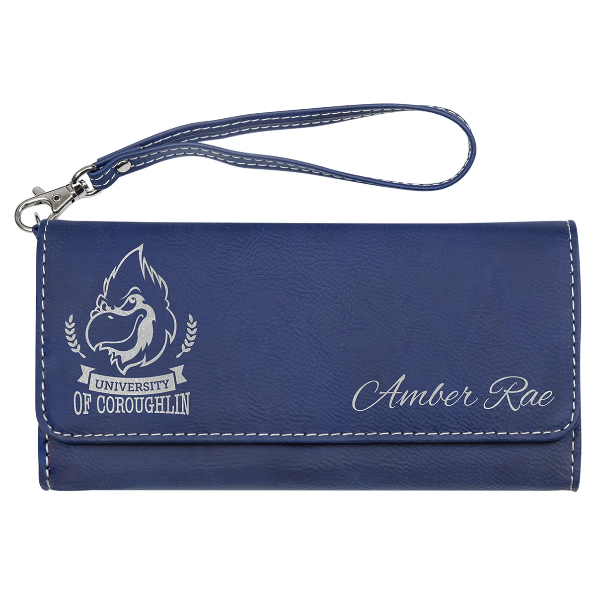 7 1/2" x 4" Blue/Silver Leatherette Wallet with Strap 1