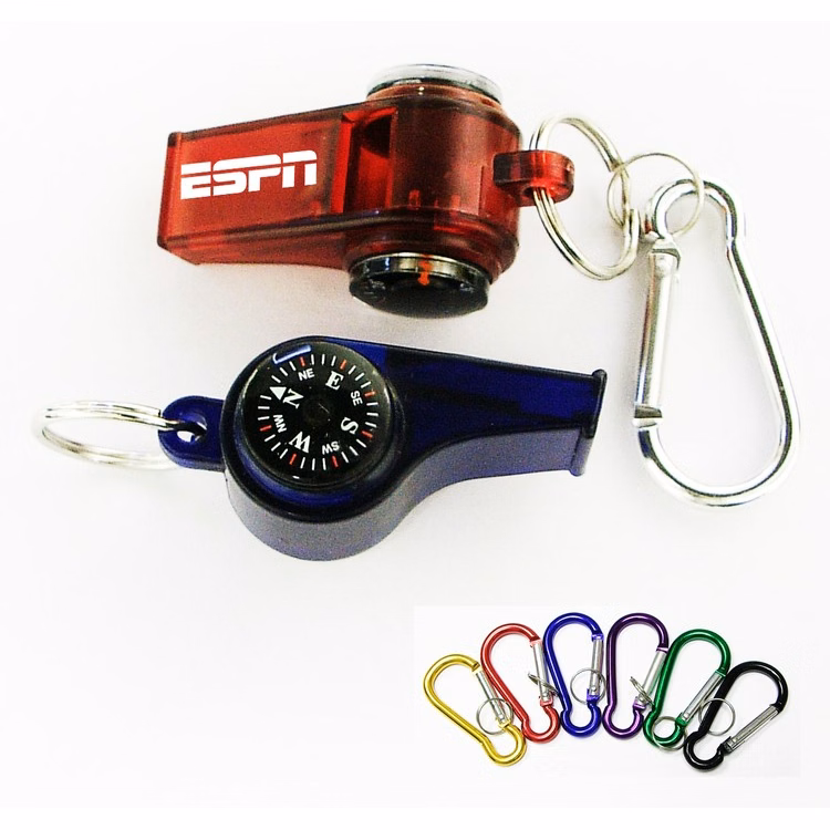 Whistle with compass thermometer and keychain.